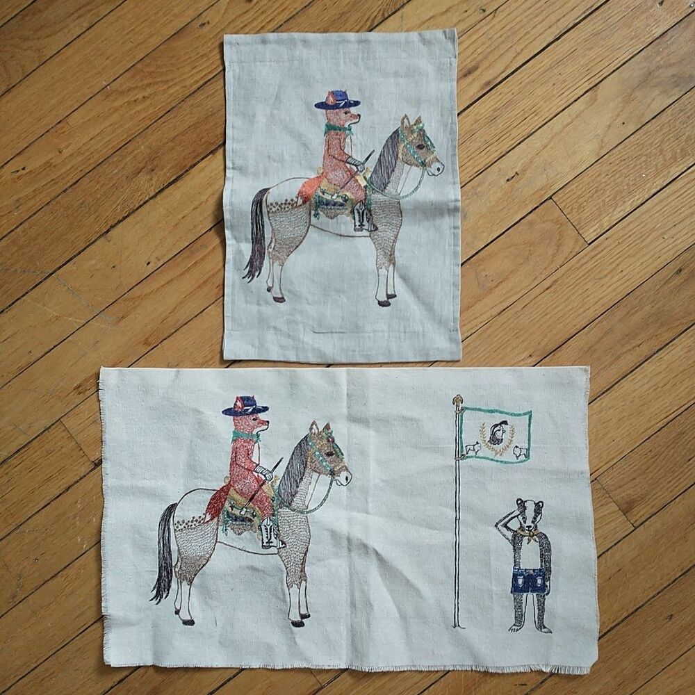Coral & Tusk Embroidered Fox Riding A Horse Wall Hanging Craft Diy Lot Of 2